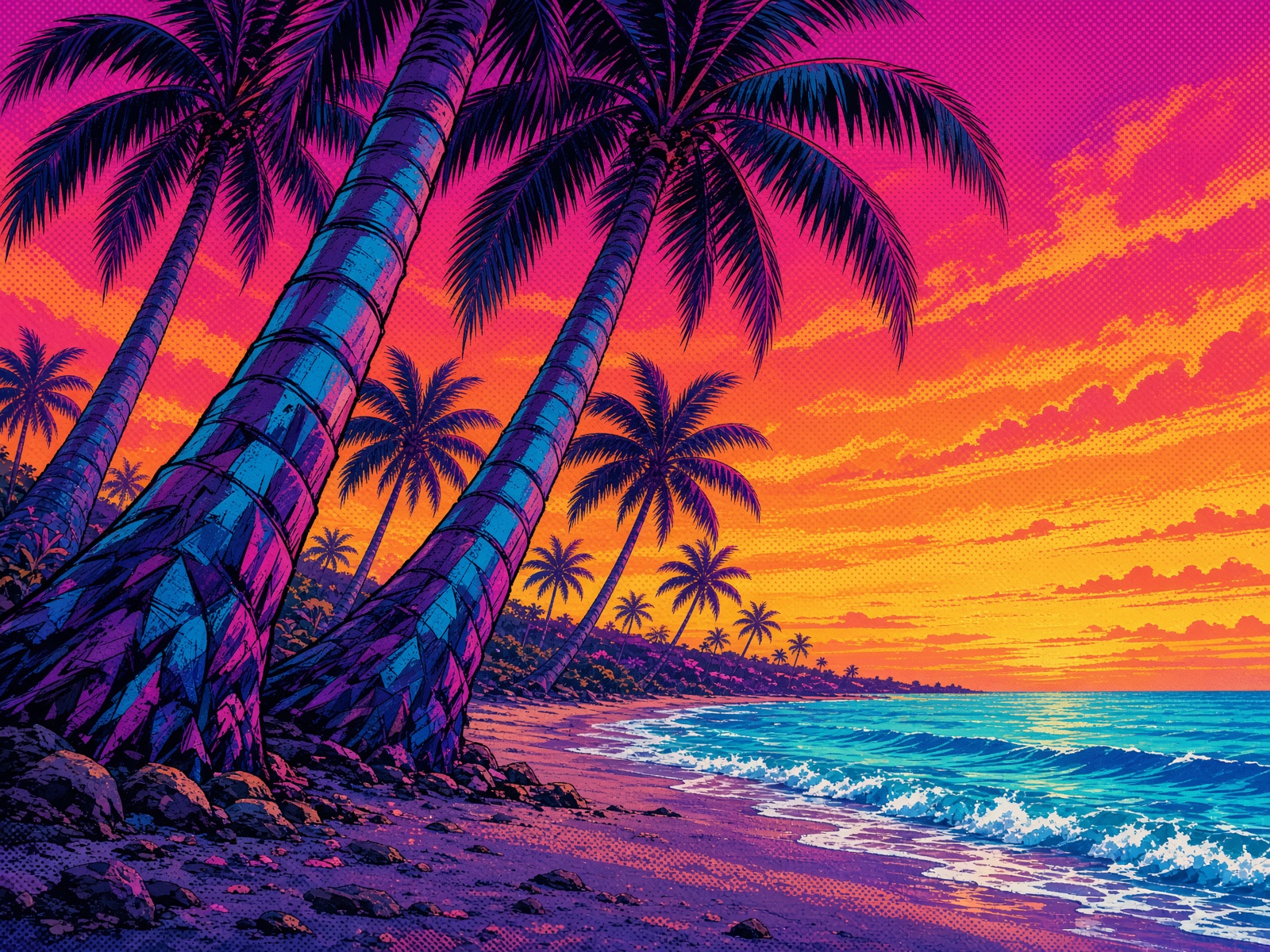 Close-up of ink-outlined coconut palms