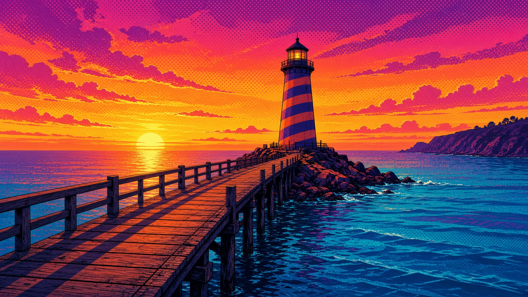 Pier and striped lighthouse at sunset