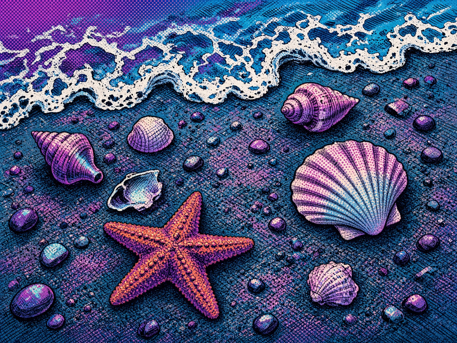 Shoreline foam, shells, and halftone sand